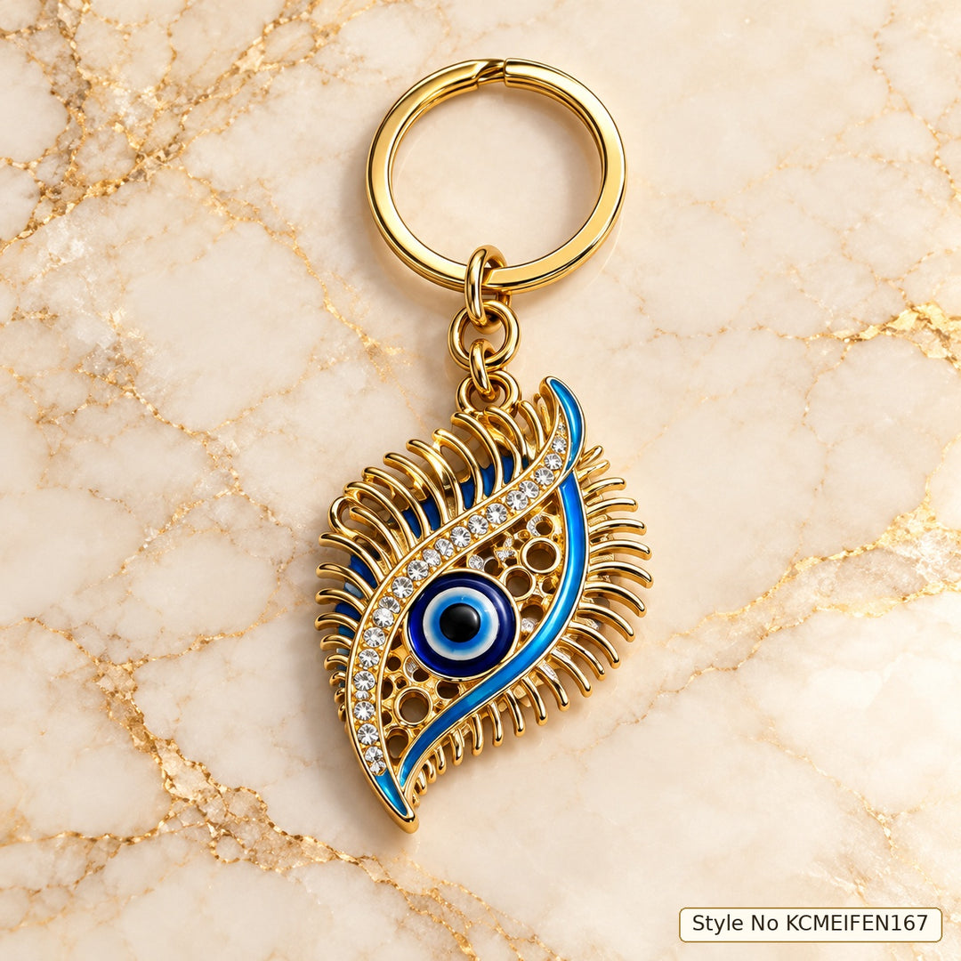 Gold Evil Eye Keychain with Blue &amp; Turquoise Rhinestone Accents