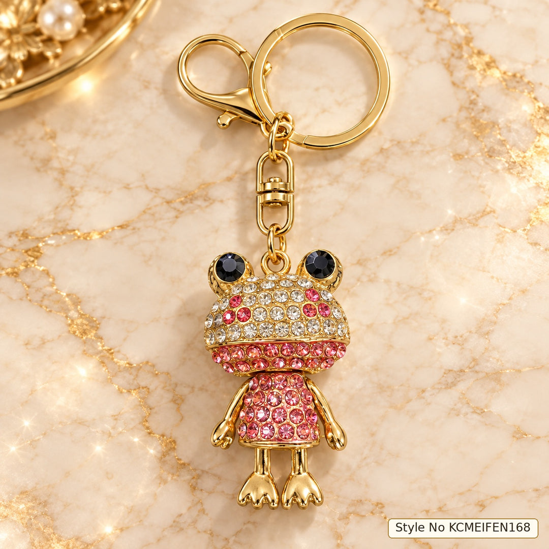 Pink Frog Keychain with Multicolor Rhinestone Accents and Gold-Tone Detailing