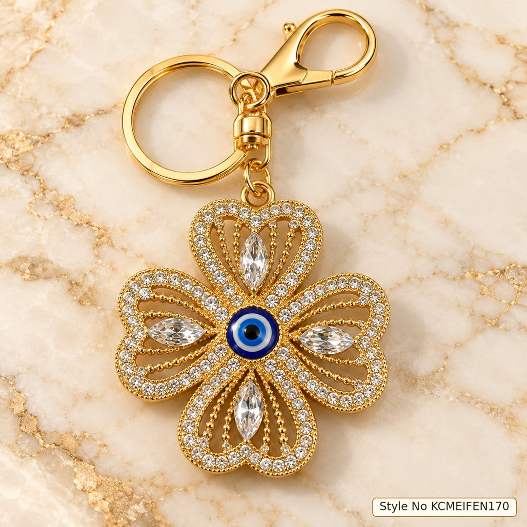 Gold Openwork Flower Keychain with Blue Evil Eye