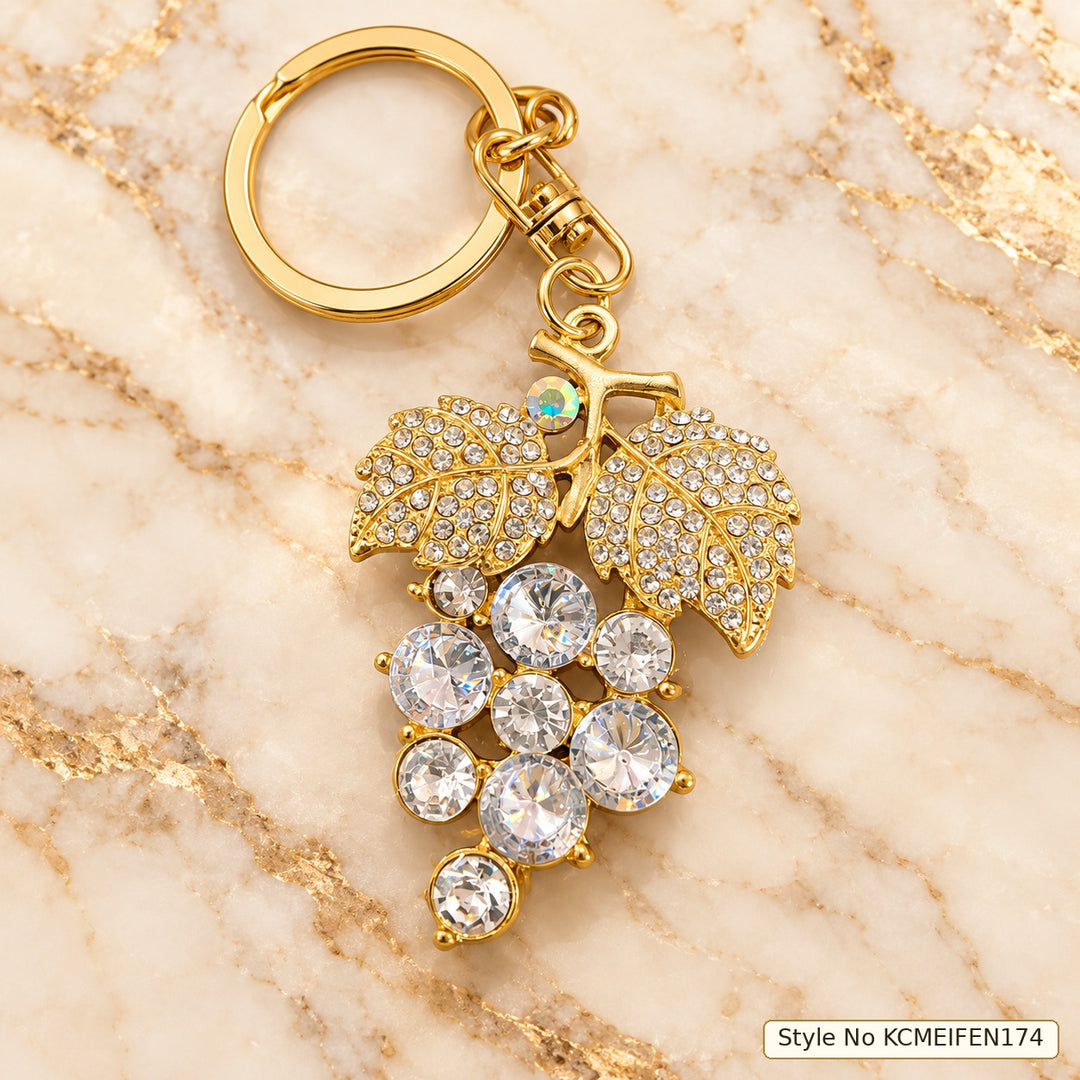 Gold-Tone Leaf Keychain with Dangling Crystal Cluster