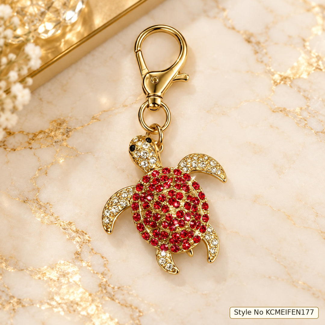 Gold Turtle Keychain with Red Rhinestone Accents