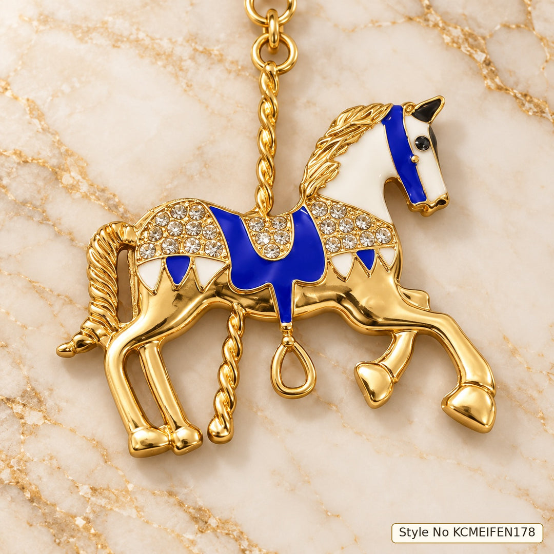 Gold-Tone Horse Keychain with Blue Saddle