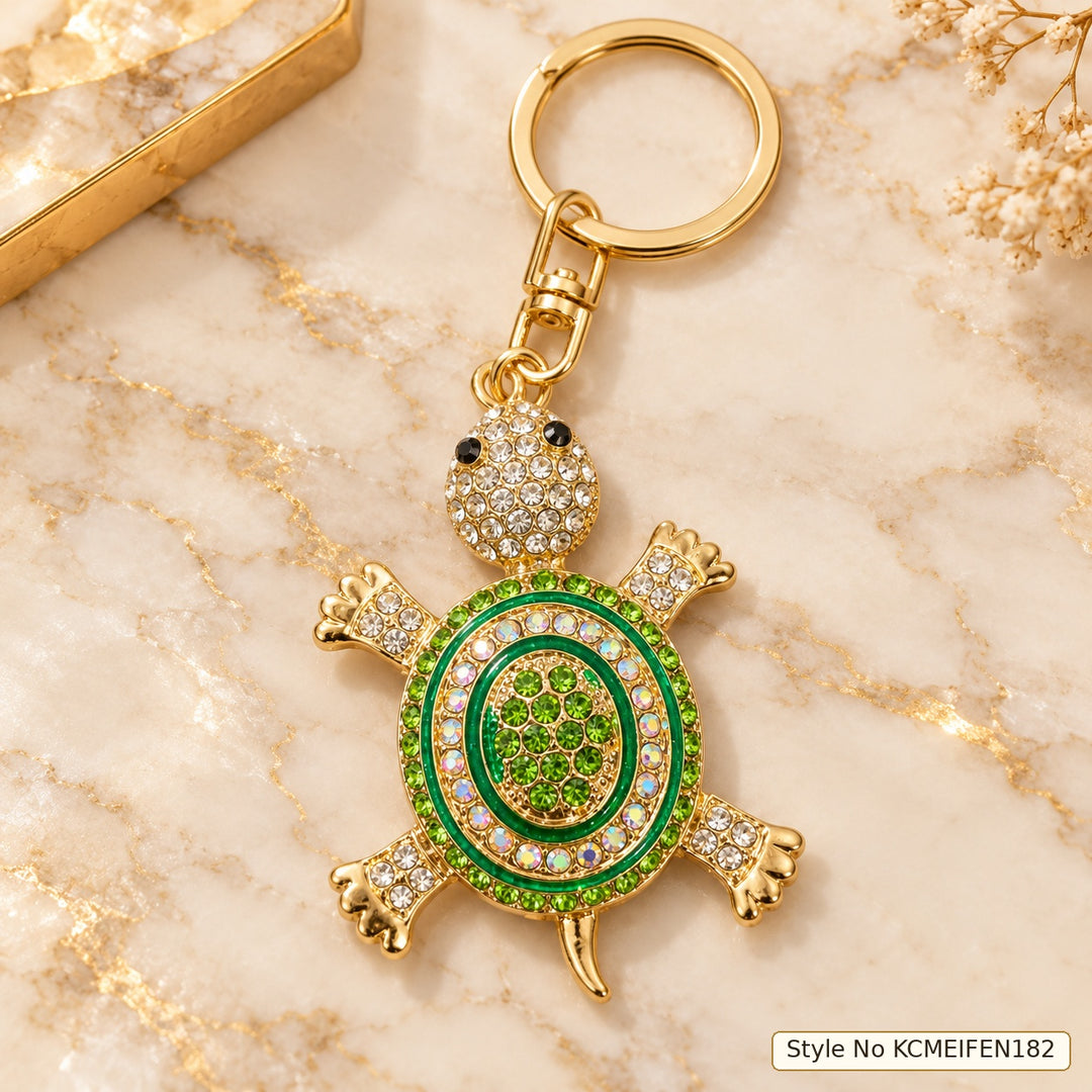 Turtle Keychain with Green Shell and Gold-Tone Border