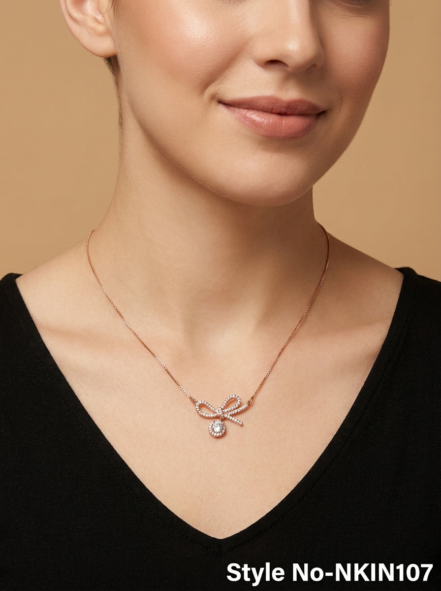 Rose Gold Bow Crystal Necklace | NKIN107