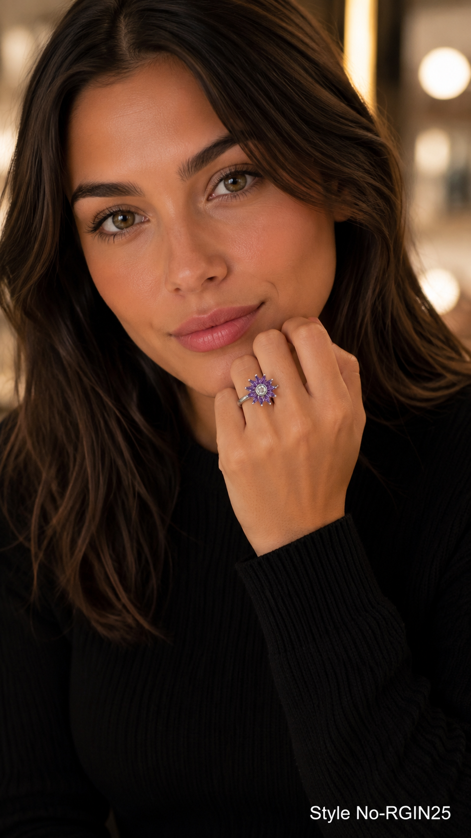 Violet Crystal Sunburst Flower Cocktail Ring
