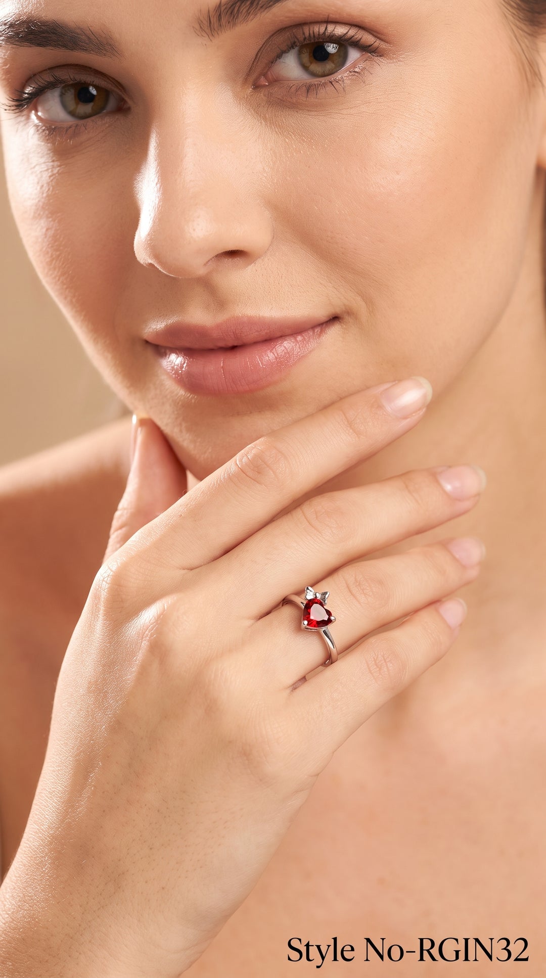 Garnet Red Heart Crystal Bow Solitaire Ring