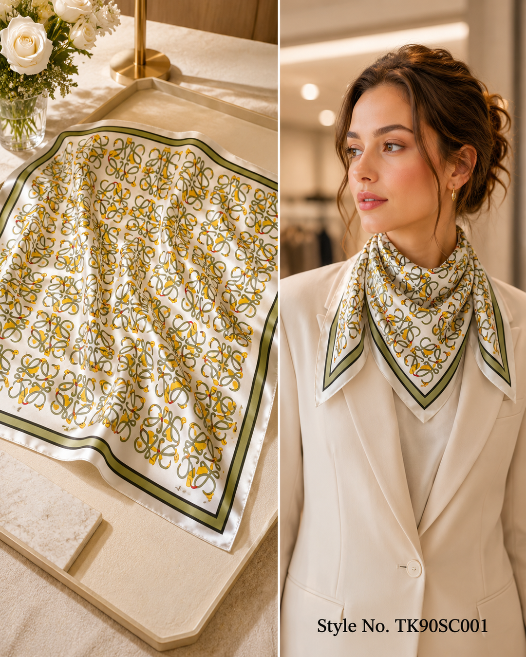 Square Monogram Print Scarf with Framed Border Accent