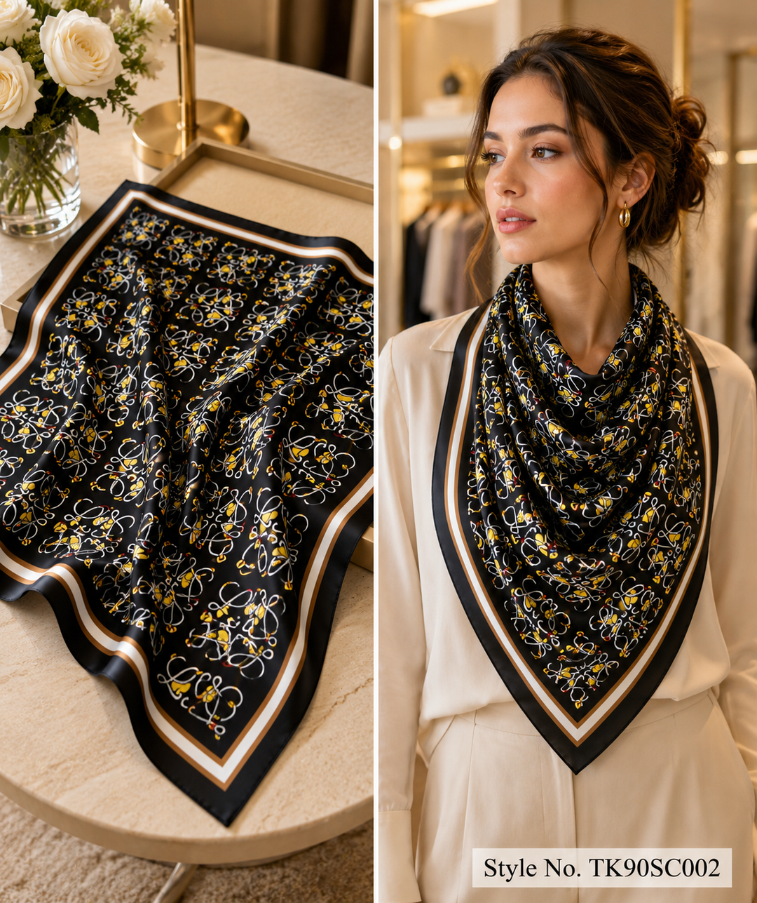 Square Scrollwork Monogram Scarf with Contrast Border