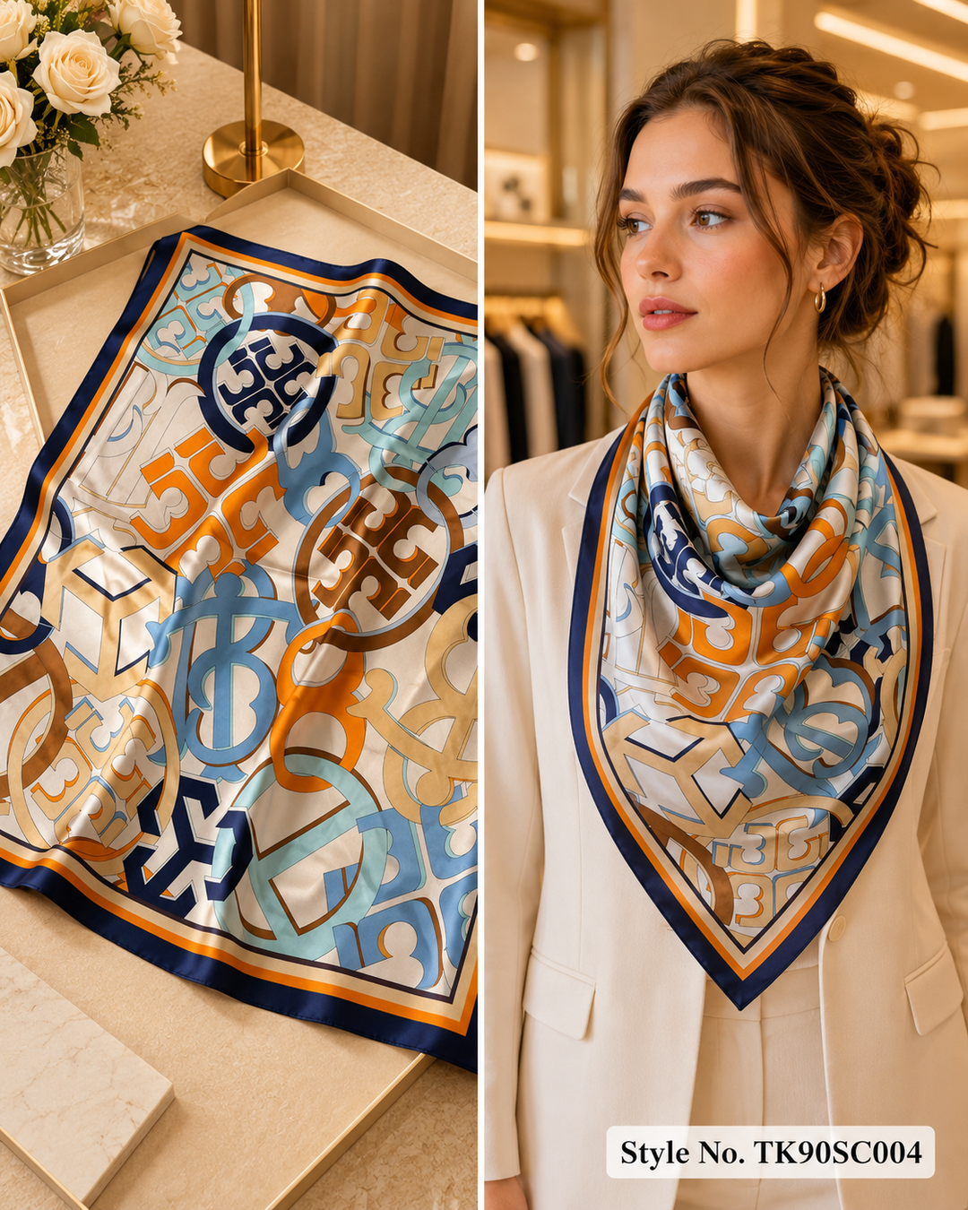 Square Interlocking Emblem Print Scarf with Layered Border Accent