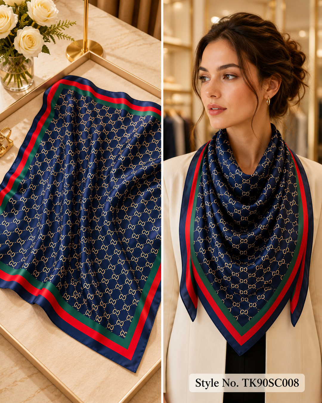Square Geometric Monogram Scarf with Striped Webbing Border