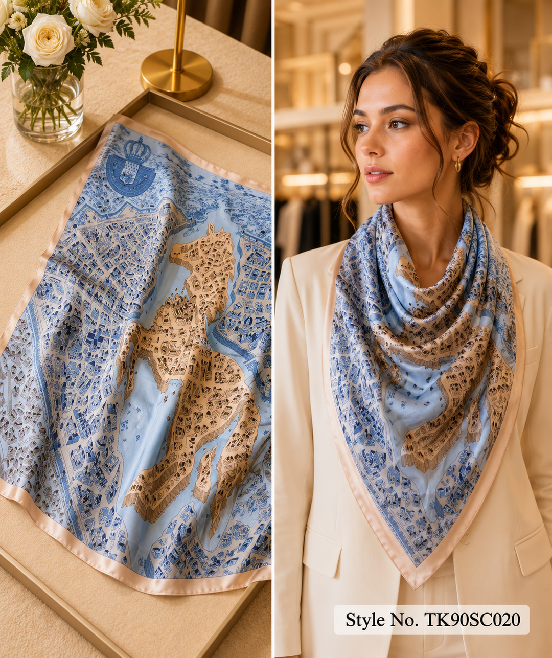 Square Equestrian Horse &amp; City Map Print Scarf with Framed Border