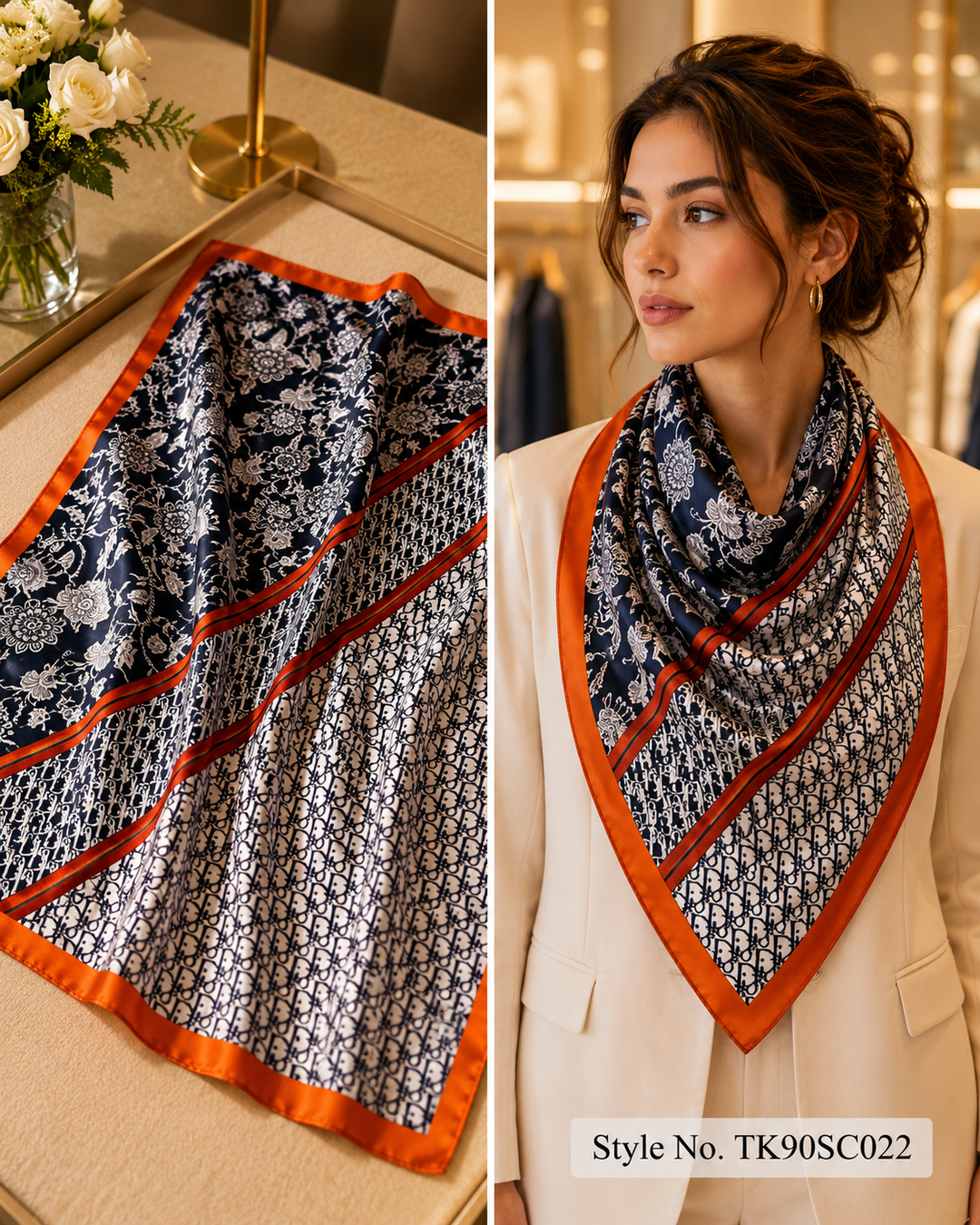 Square Floral &amp; Monogram Split Scarf with Orange Border Accent