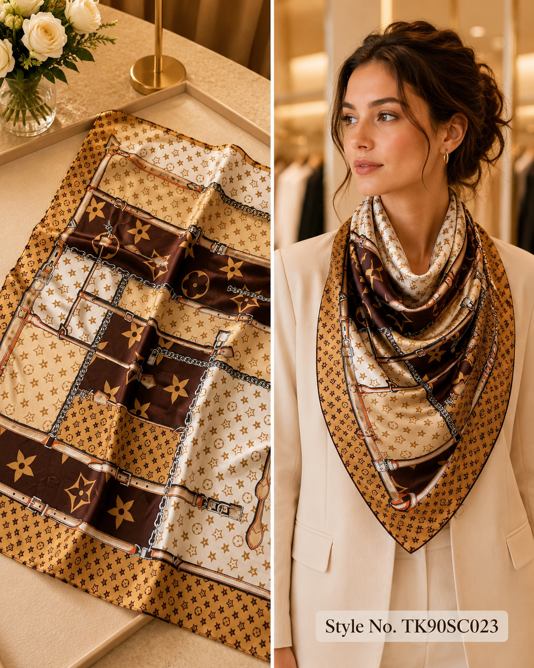 Brown and Beige Patchwork Scarf with Star Motifs – TK90SC023