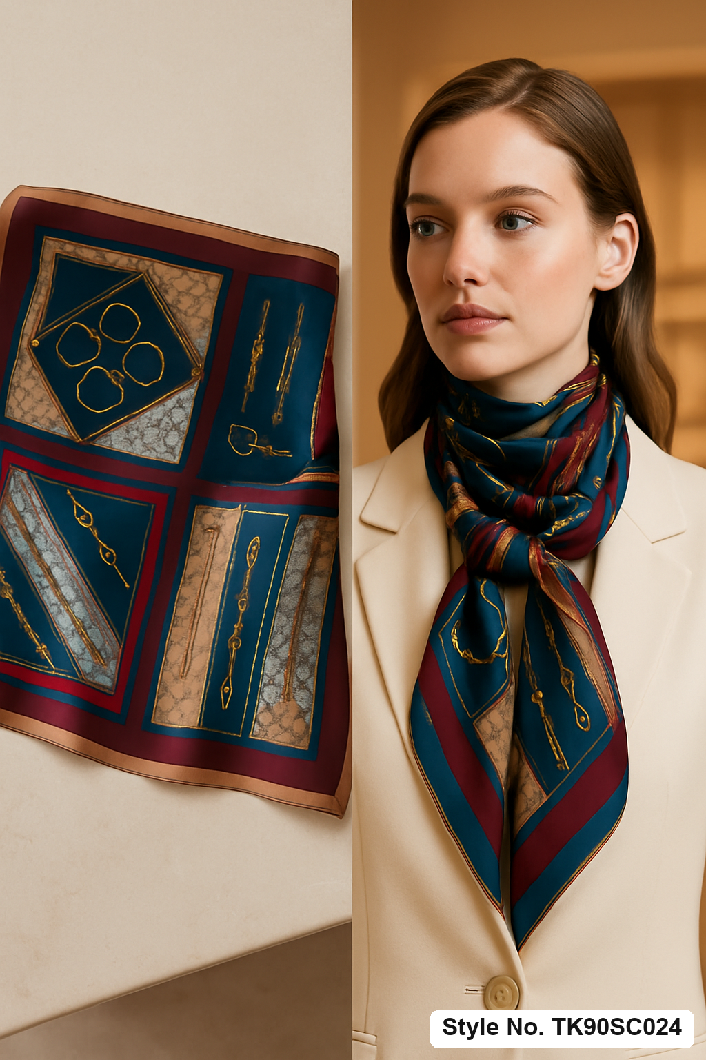 Square Equestrian Horsebit Scarf in Four-Panel Geometric Design