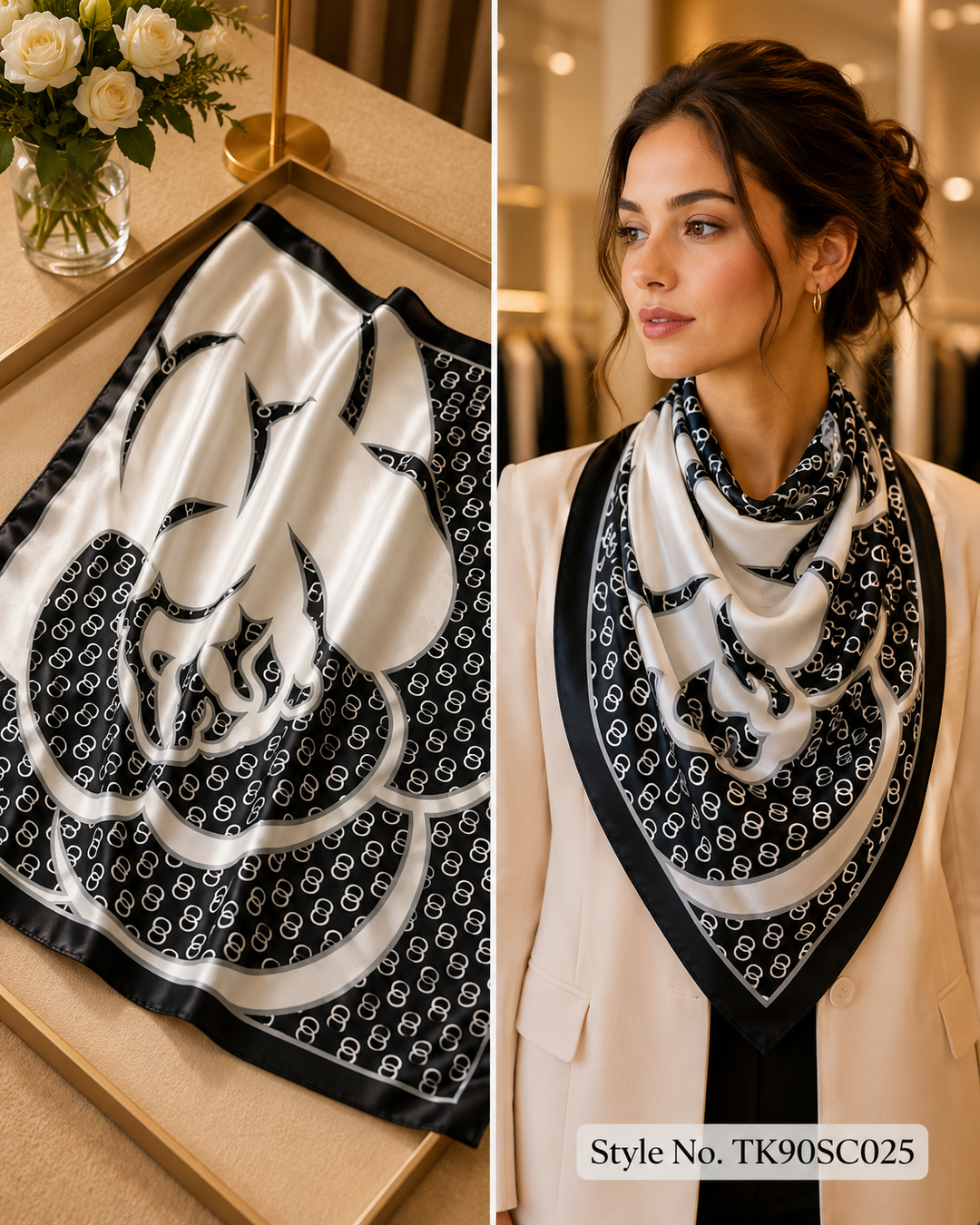 Square Camellia Floral Scarf in Monogram Black and White