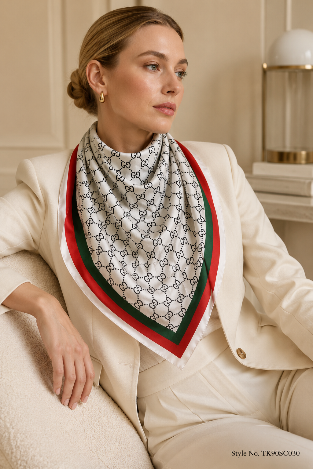 Luxury Monogram Print Silk Scarf with Red &amp; Green Border