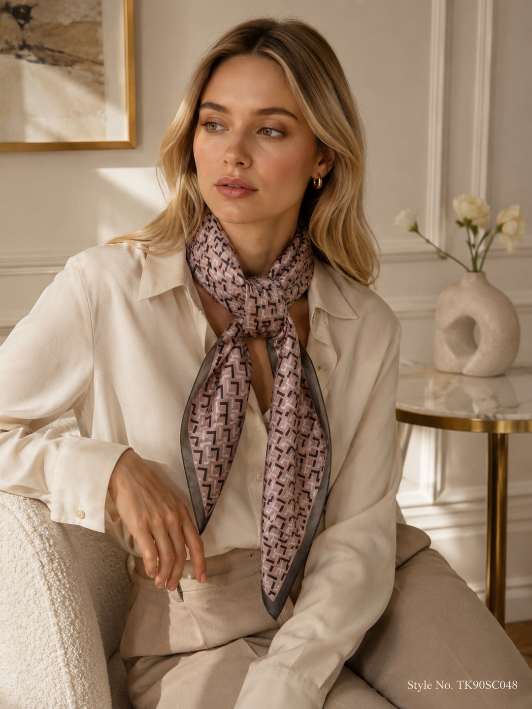 Small Repeating Geometric Scarf in Taupe &amp; Dark Brown – TK90SC048
