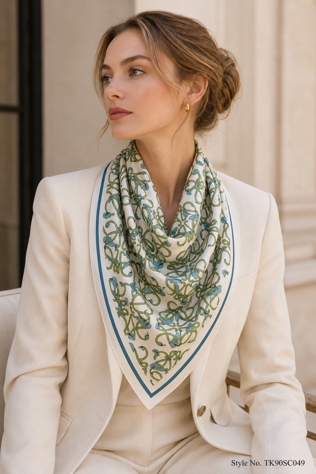 Square Cursive Monogram Scarf with Striped Border Accent