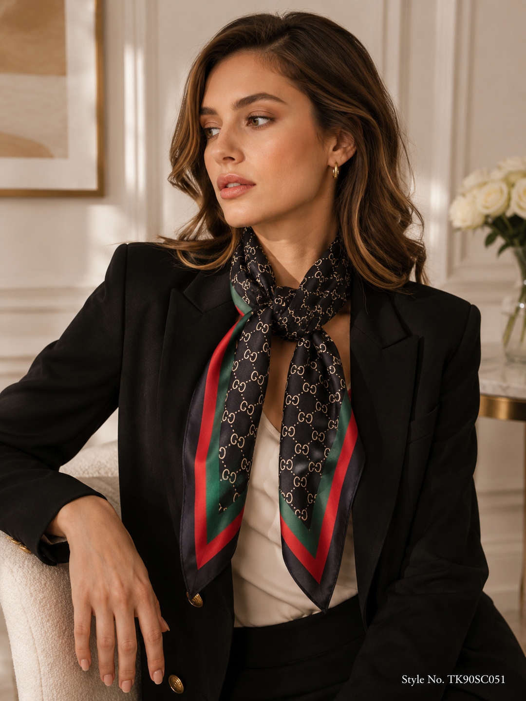 Square Monogram Lattice Scarf with Striped Webbing Border