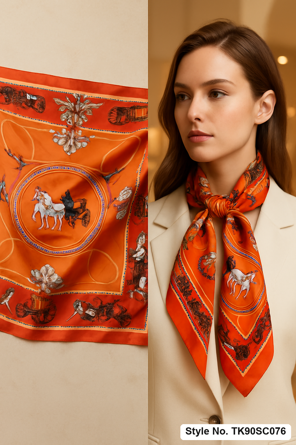 Square Equestrian Horse &amp; Carriage Scarf with Rope Scroll Accent
