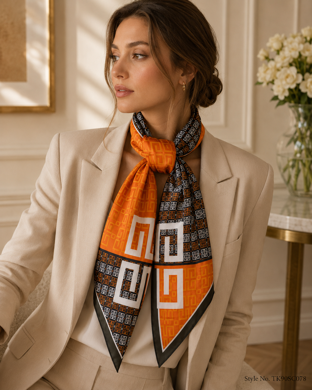 Square Colorblock Monogram Scarf with Oversized Central Emblem