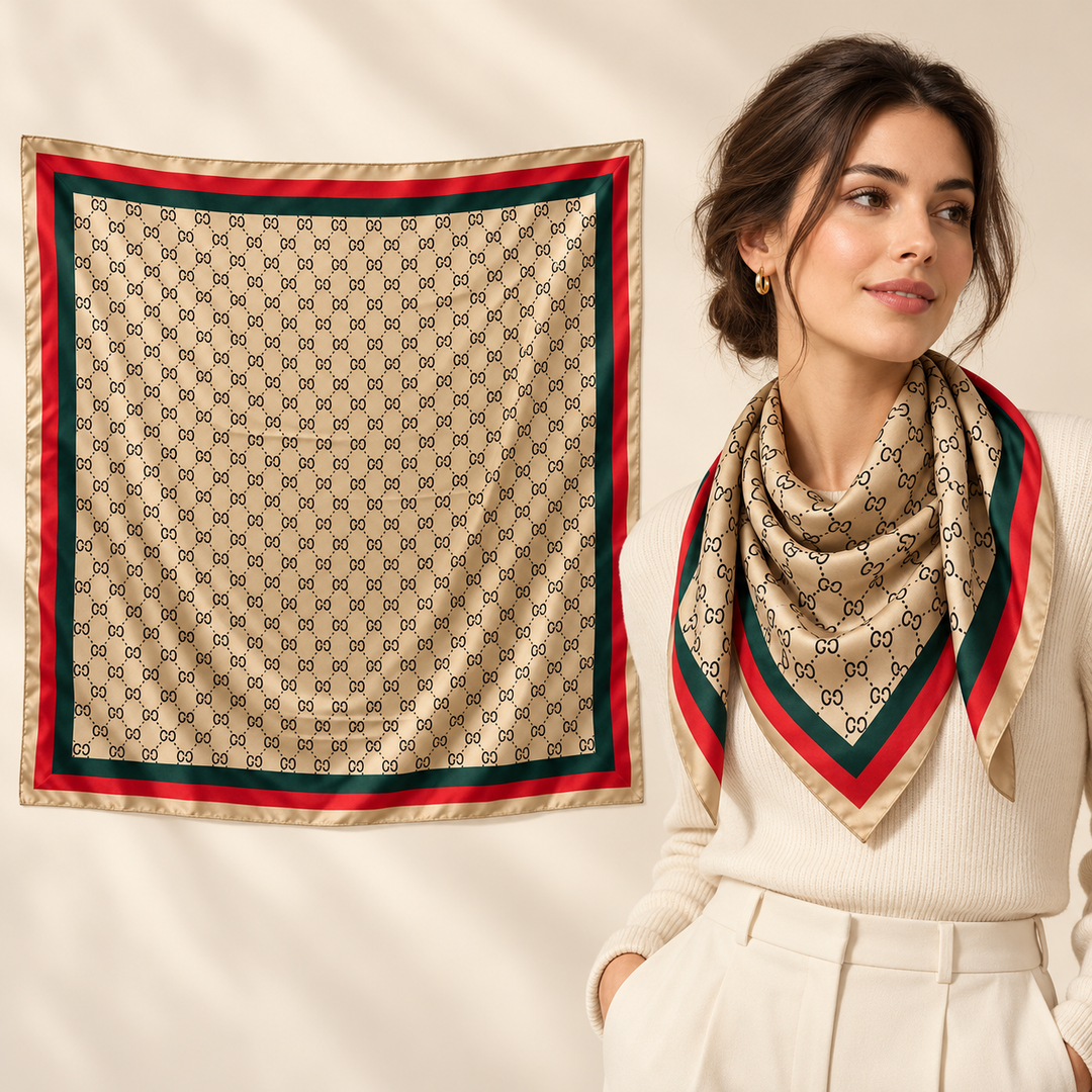 Beige Scarf with Fine Geometric Print and Red Green Border – TK90SC100