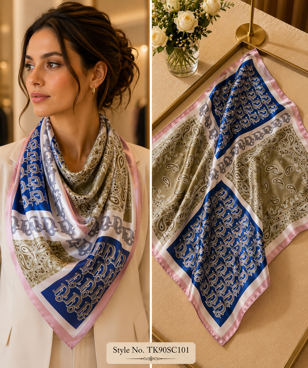 Square Four-Block Paisley &amp; Lettering Scarf with Contrast Edge Framing