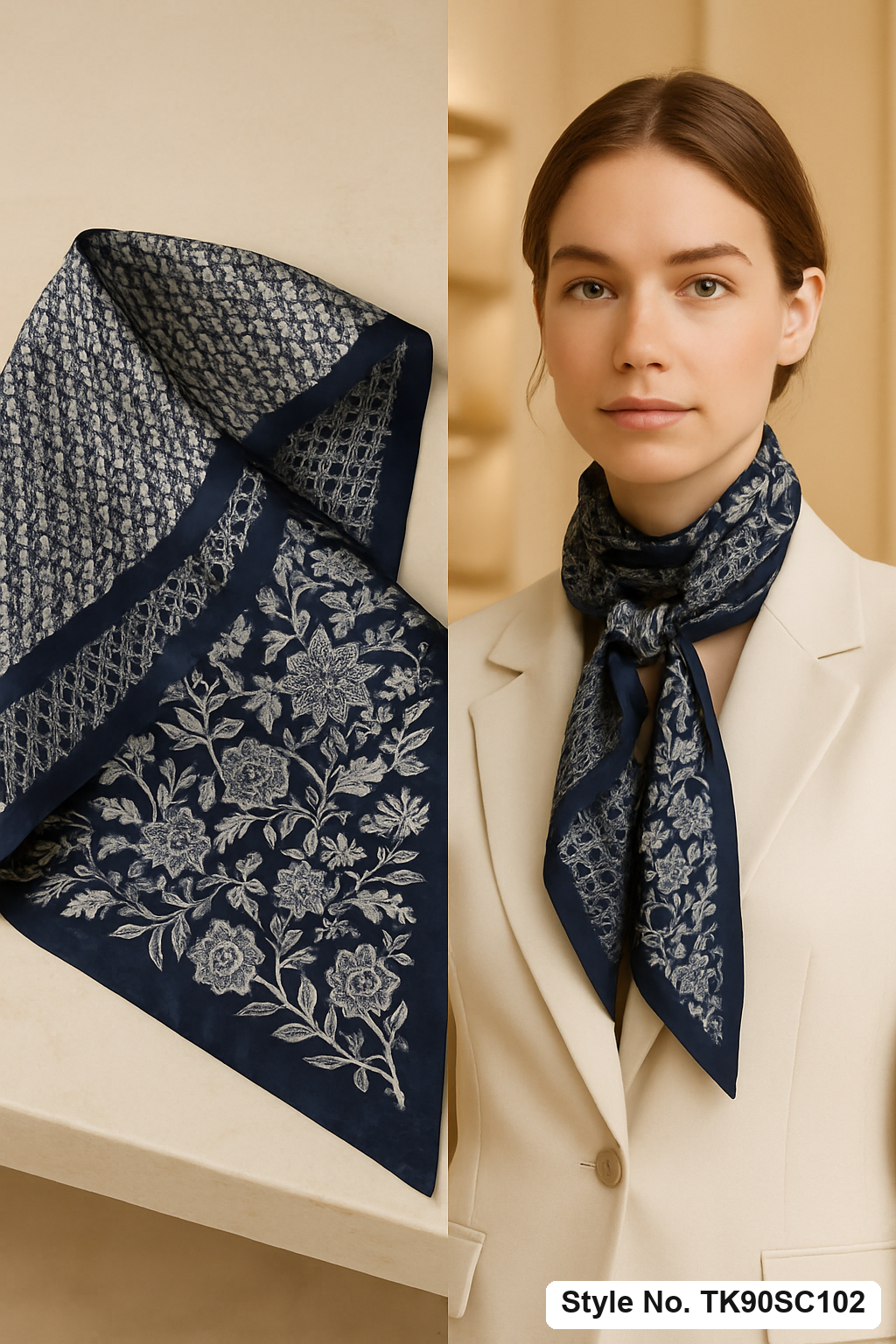 Square Diagonal Patchwork Scarf with Botanical Print &amp; Monogram Panels