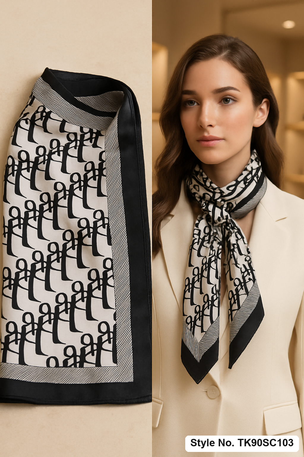 Square Bold Monogram Typography Scarf with Striped Accent Border