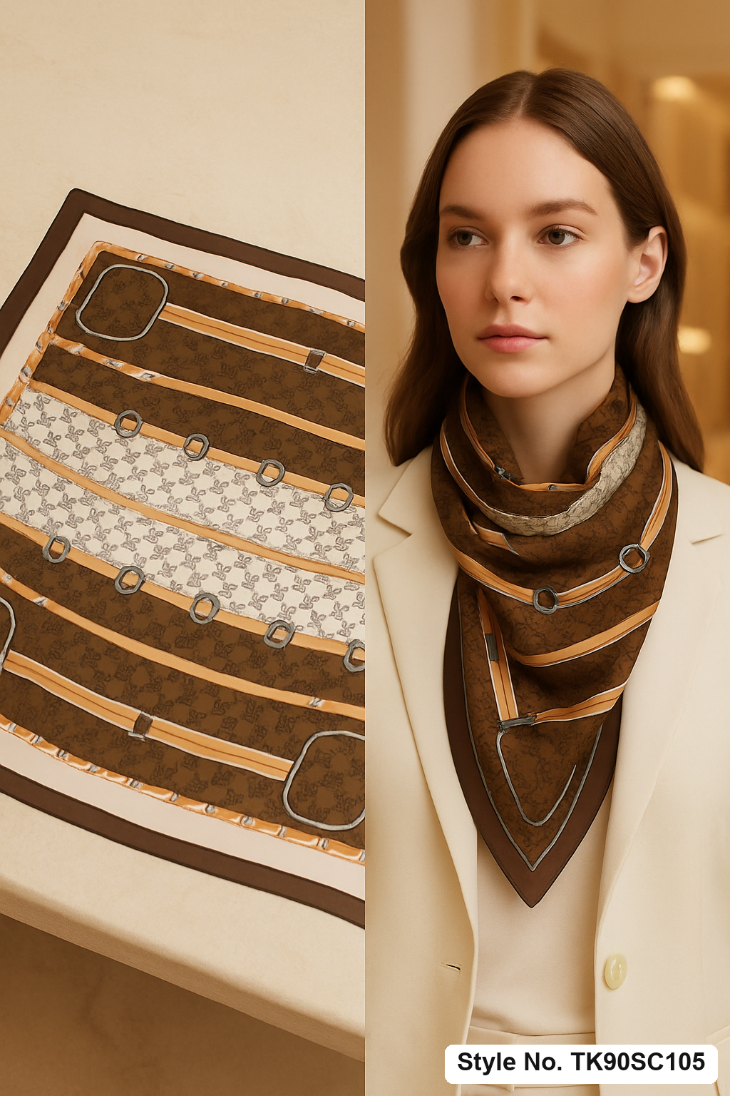 Square Equestrian Horsebit &amp; Stirrup Motif Scarf with Monogram Bands