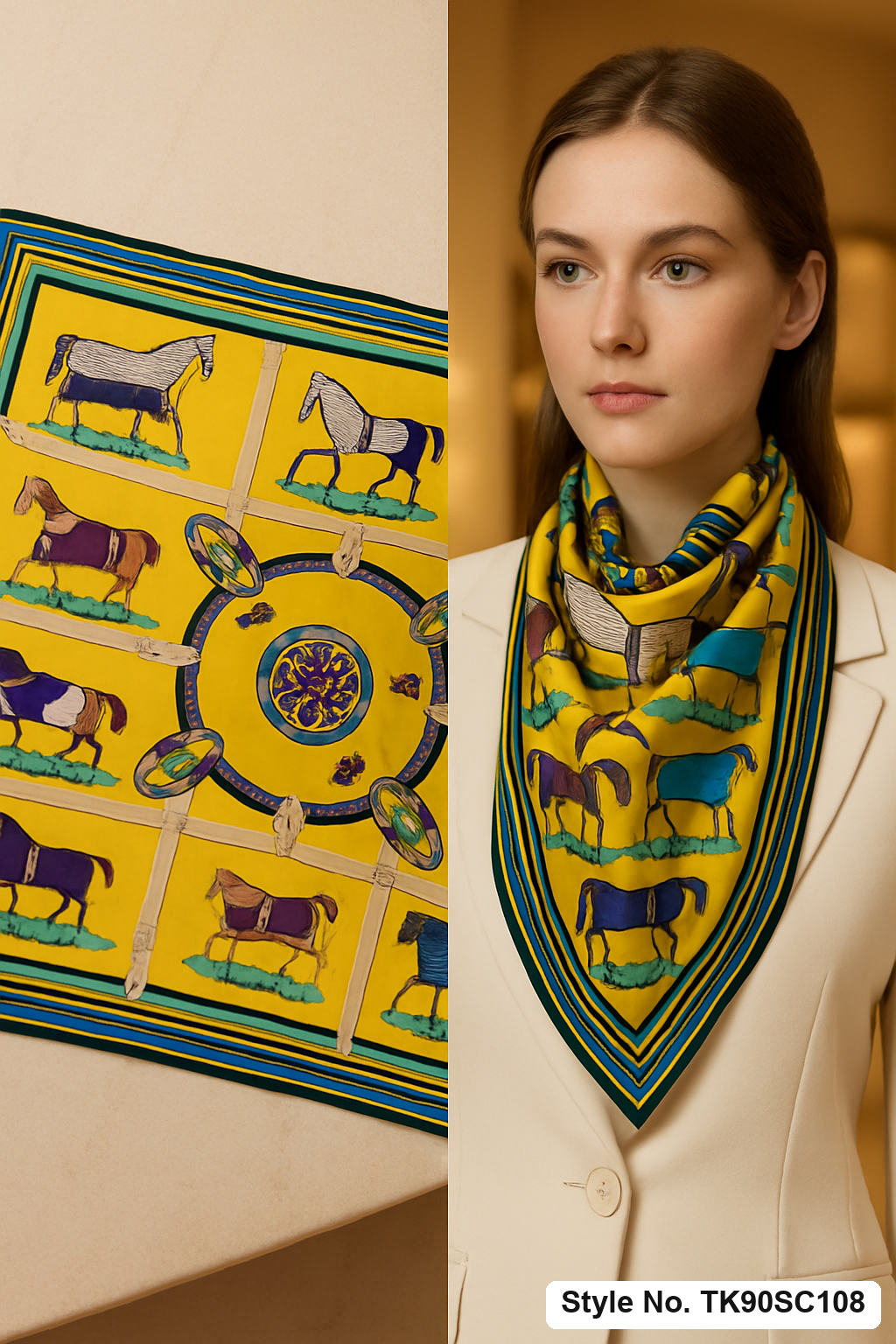 Square Equestrian Horse Motif Scarf with Strap Grid &amp; Crest Medallion