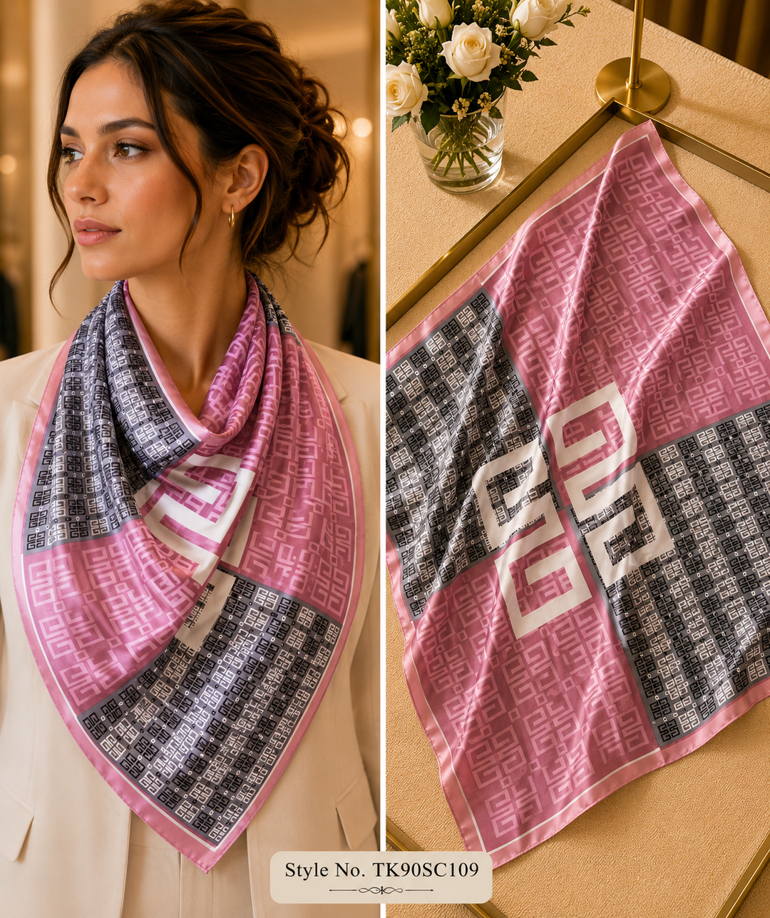 Square Geometric Emblem Patchwork Scarf with Central Monogram Motif