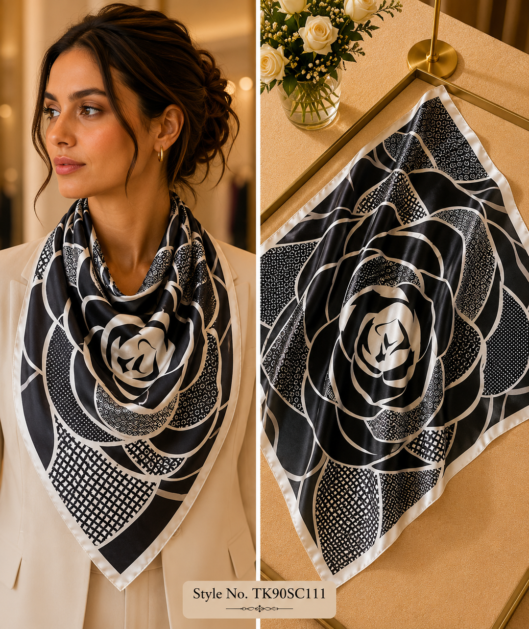 Black and White Graphic Rose Silk Satin Square Scarf