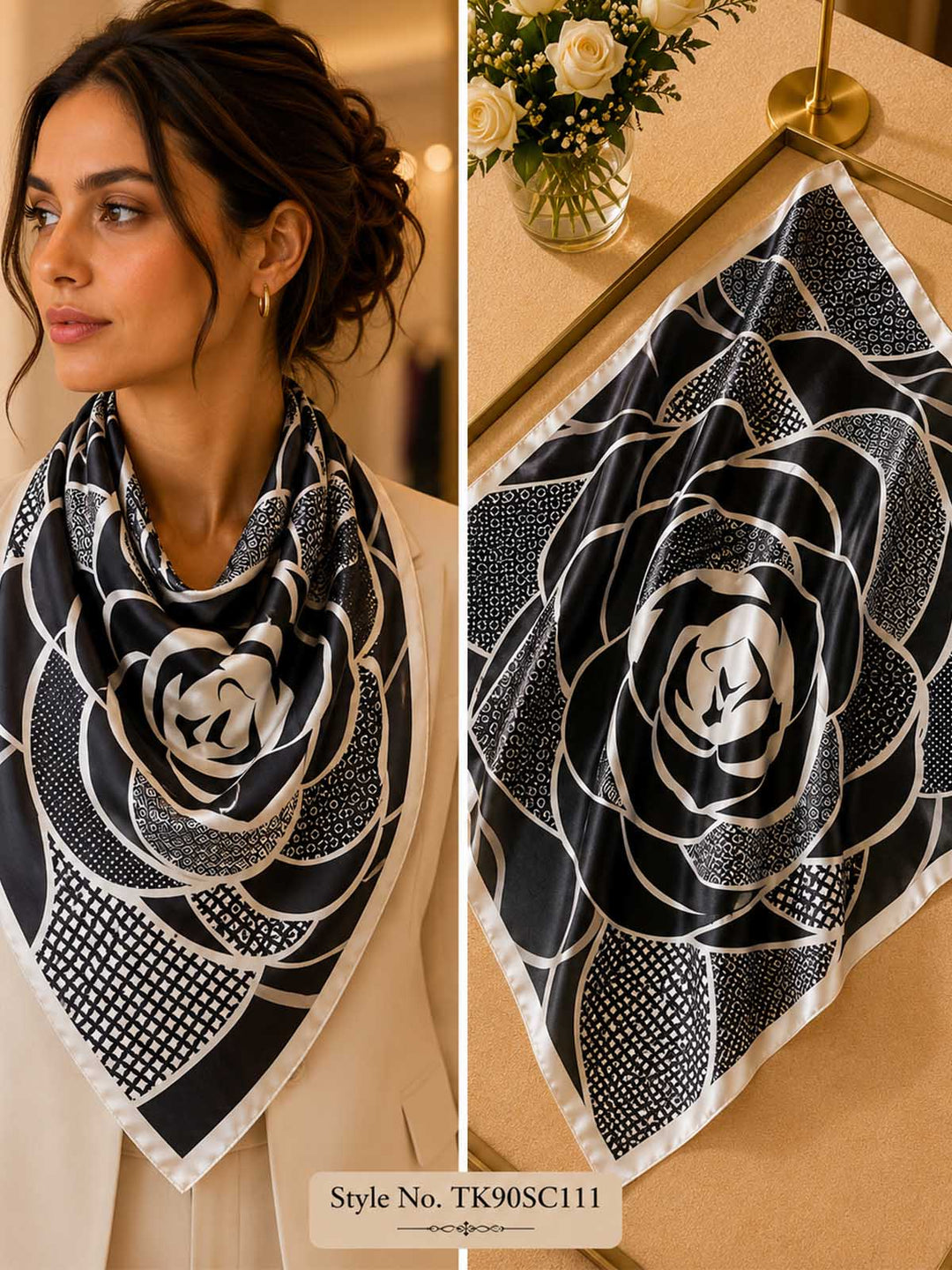 Square Camellia Floral Bloom Scarf with Textured Micro-Pattern Petals