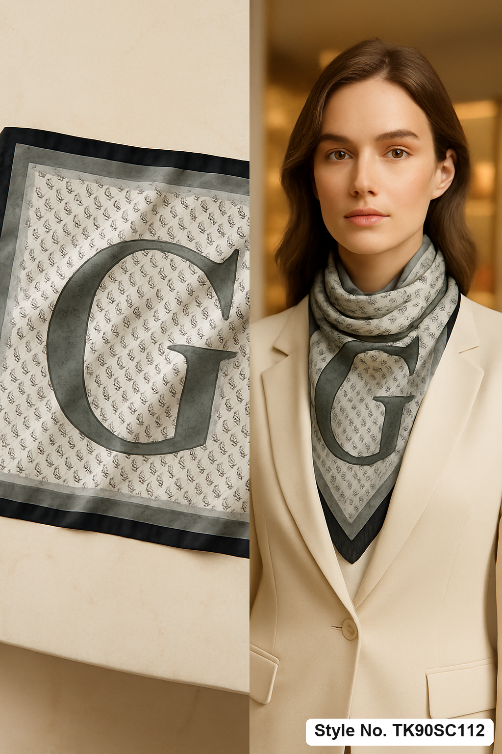 Square Monogram Initial Letter Scarf with Graphic Grid Field &amp; Double Border