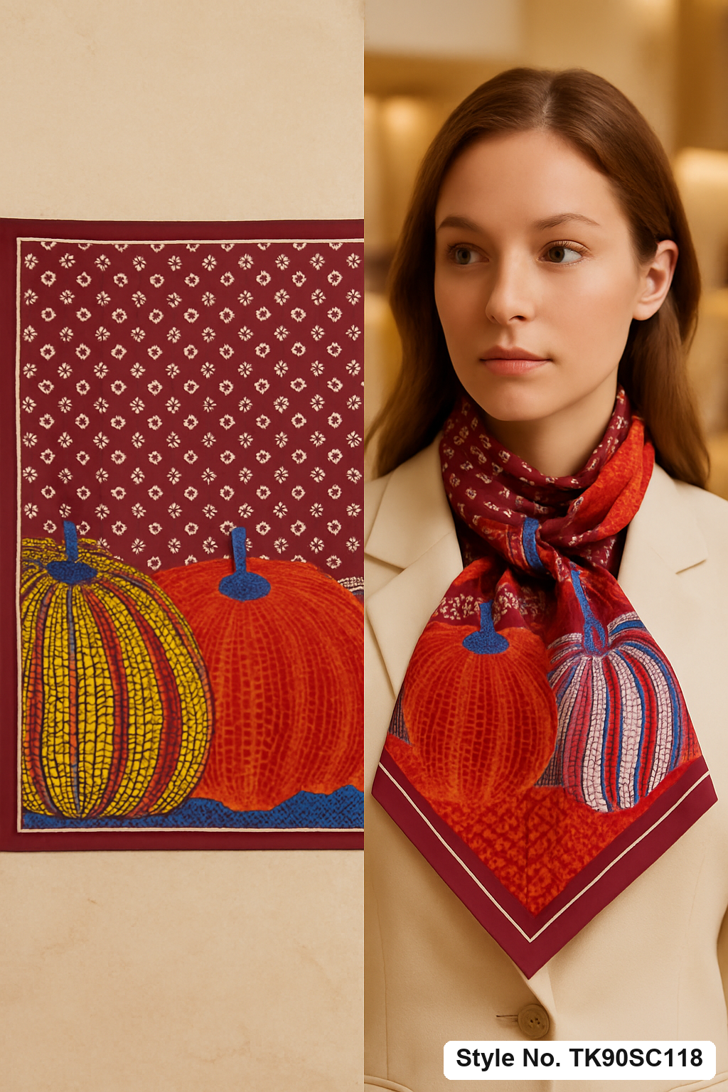 Square Abstract Pumpkin Art Scarf with Star &amp; Fleur Motif Background