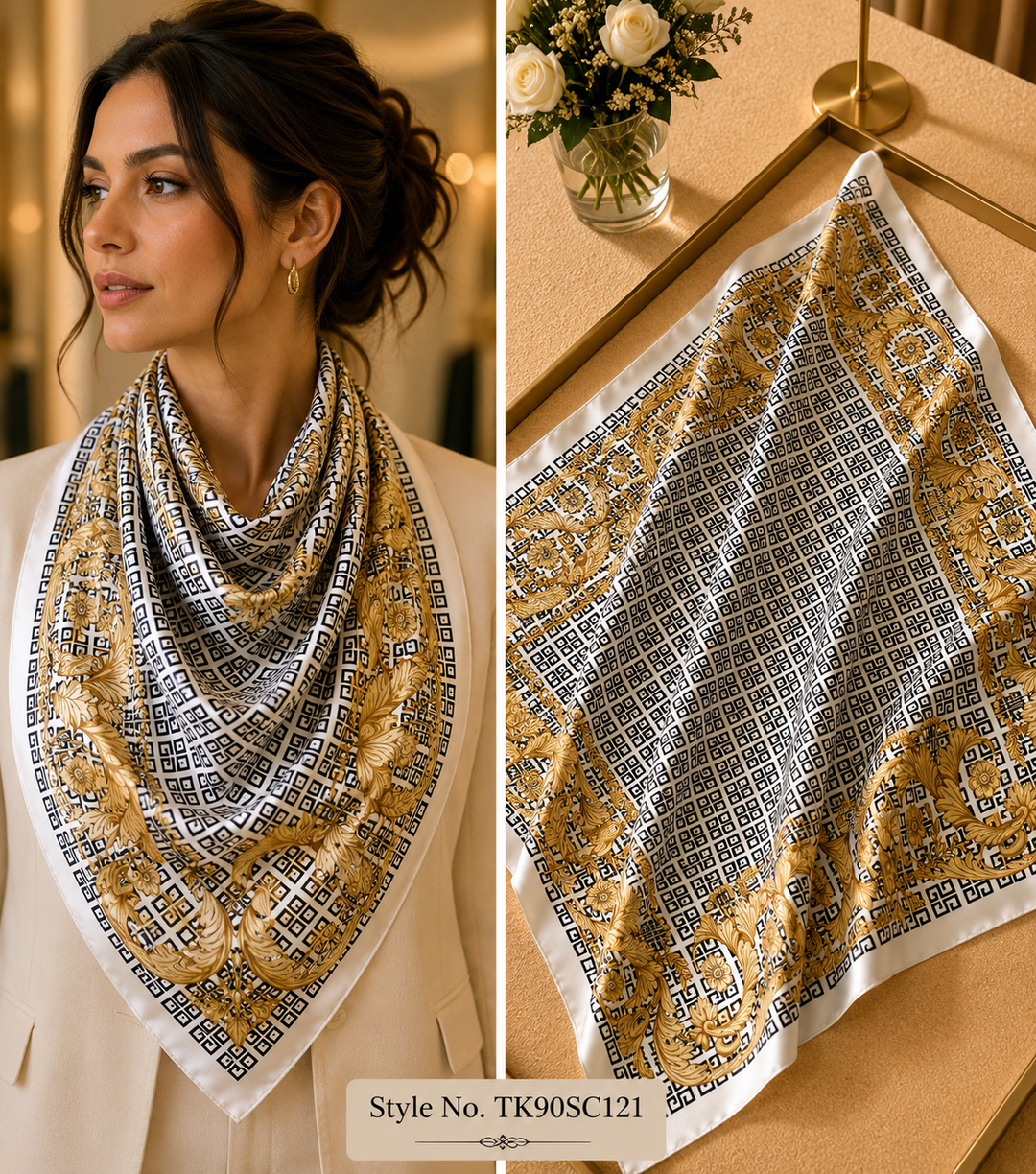Square Barocco Scrollwork Scarf with Micro-Emblem Grid Field