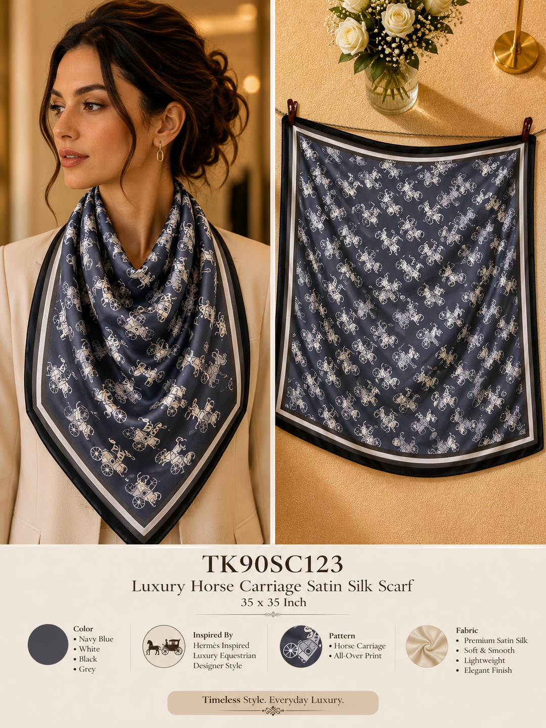 Square Equestrian Carriage Repeat Scarf with Striped Frame Border