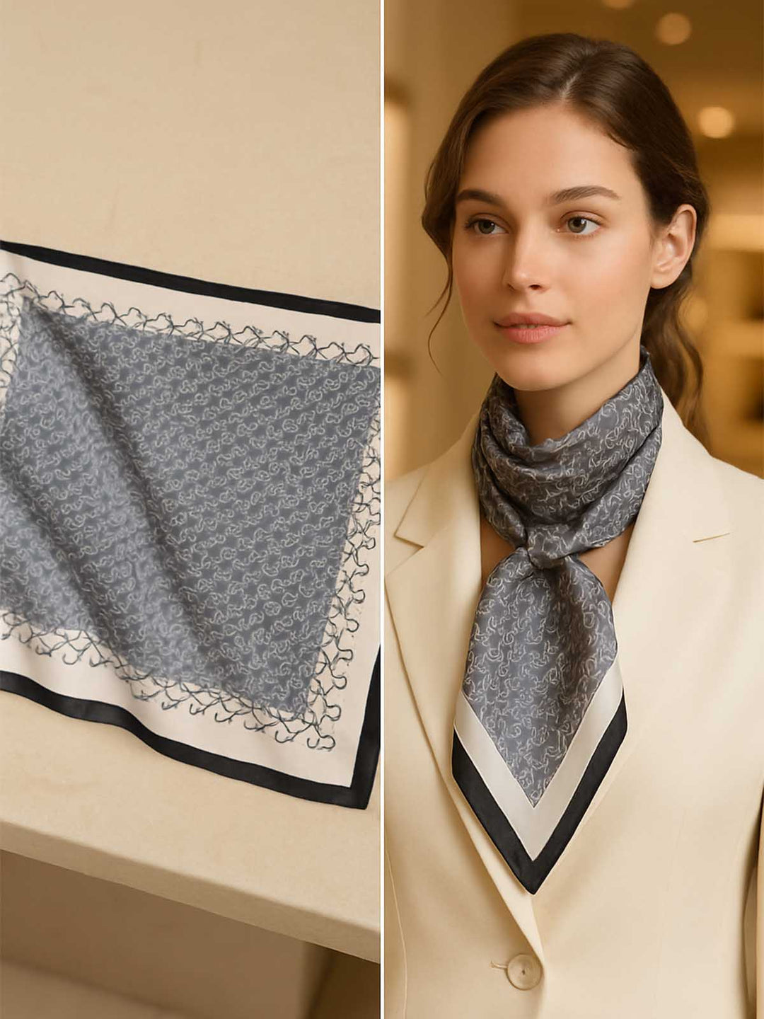 Square Micro-Patterned Medallion Field Scarf with Scalloped Border