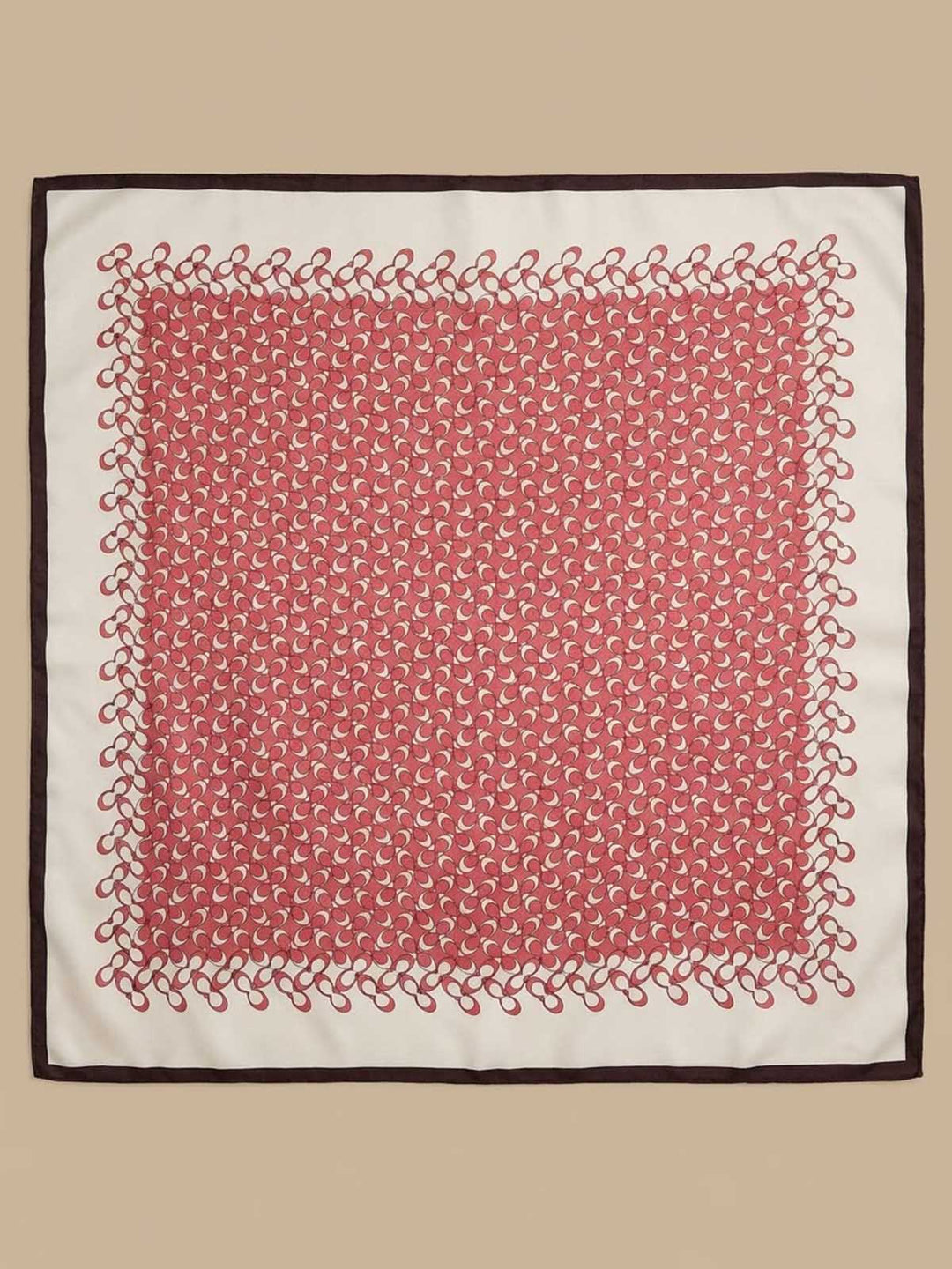 Square Crimson Micro-Emblem Field Scarf with Scalloped Loop Border