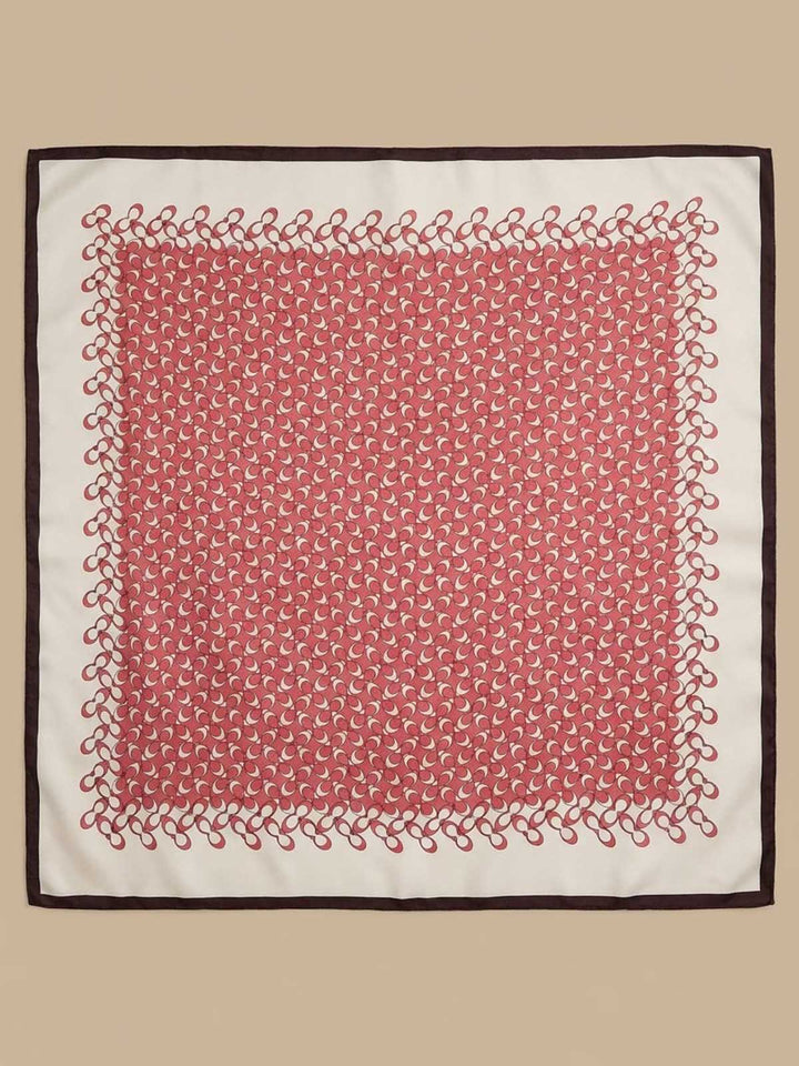 Square Crimson Micro-Emblem Field Scarf with Scalloped Loop Border