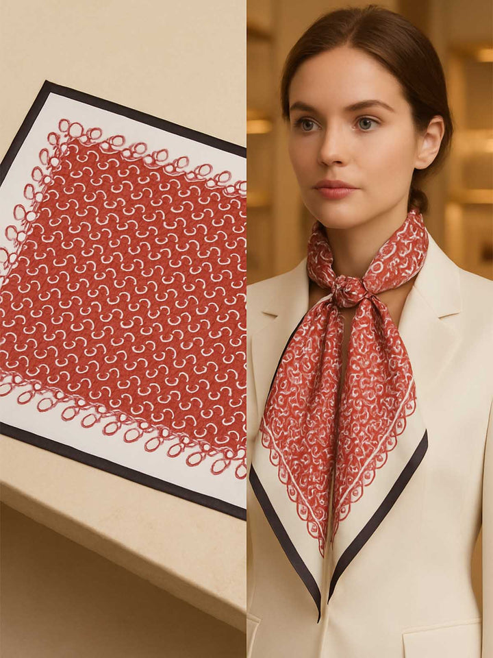 Square Crimson Micro-Emblem Field Scarf with Scalloped Loop Border