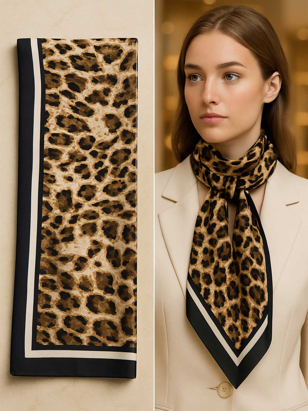 Square Leopard Print Scarf with Bold Striped Border Frame