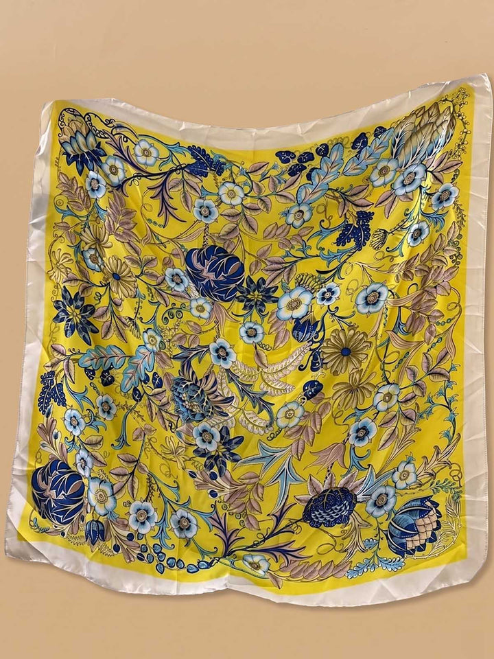 Square Botanical Floral Vine Scarf with Vibrant Sunny Field
