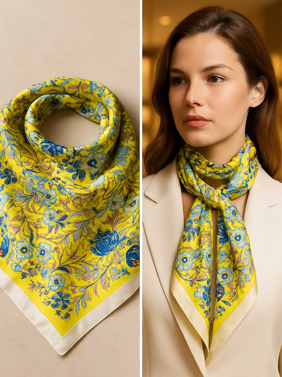 Square Botanical Floral Vine Scarf with Vibrant Sunny Field