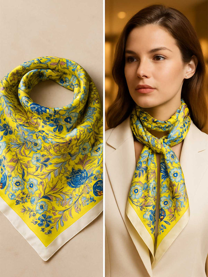 Square Botanical Floral Vine Scarf with Vibrant Sunny Field