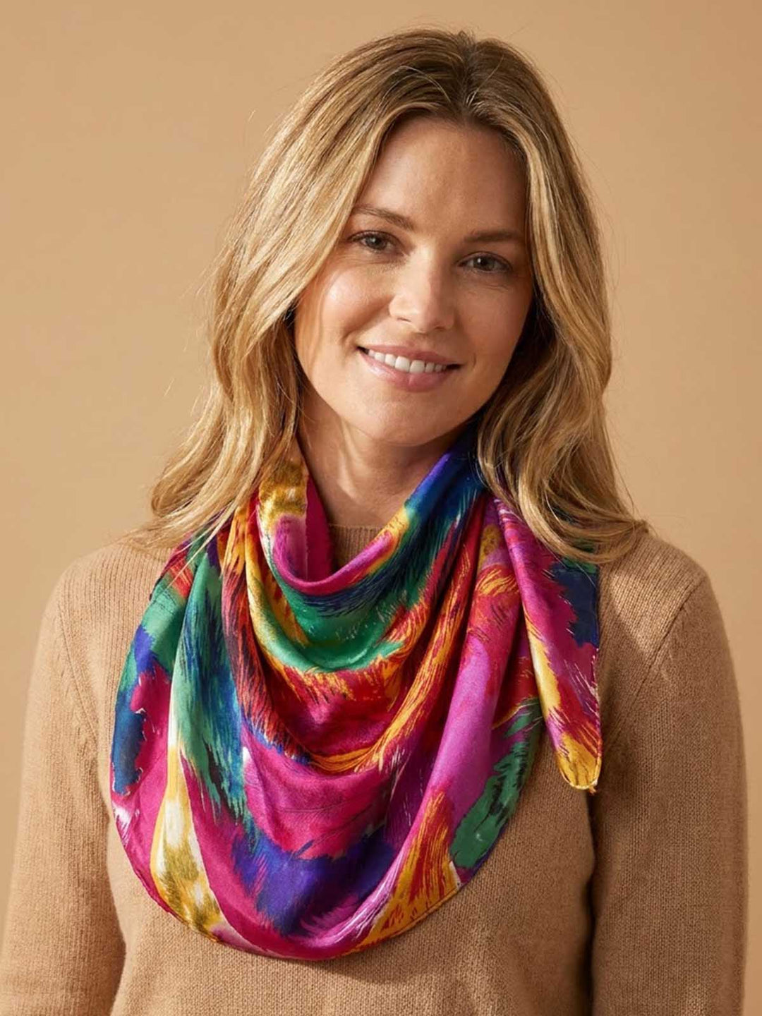 Square Abstract Brushstroke Feather Scarf with Vivid Multitone Palette