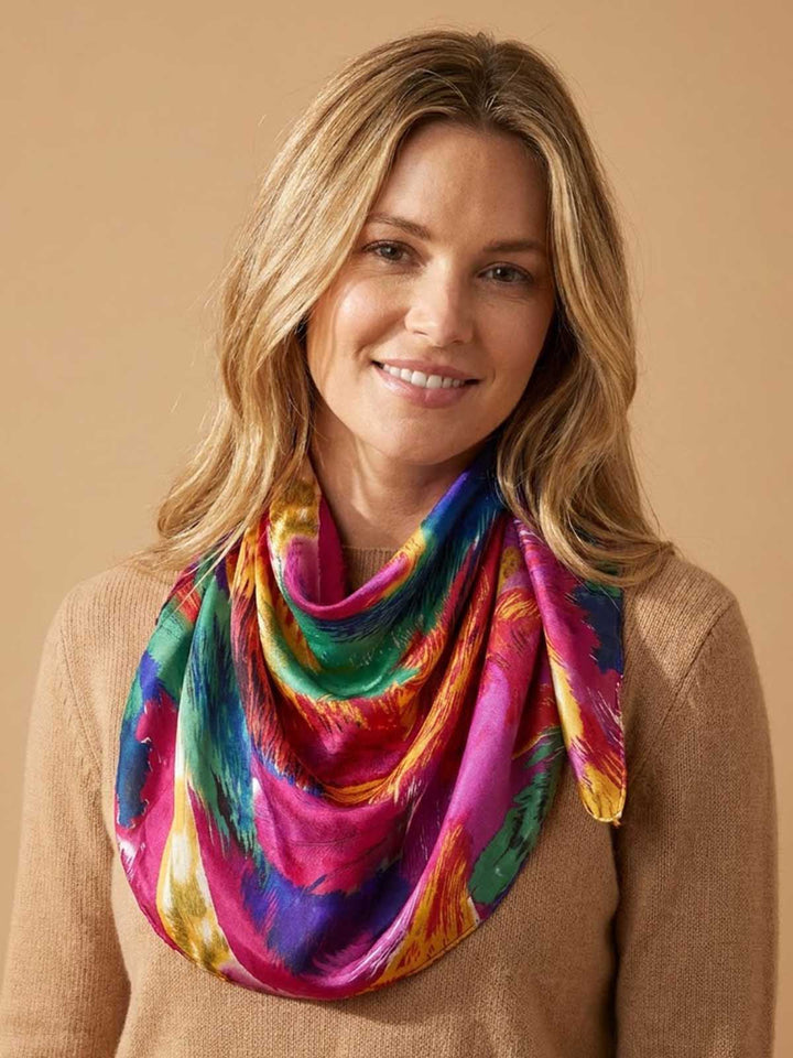 Square Abstract Brushstroke Feather Scarf with Vivid Multitone Palette