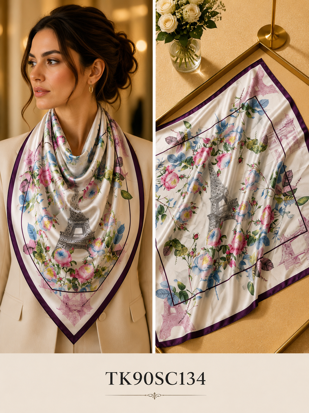 Square Parisian Monument and Floral Wreath Scarf with Dark Frame Border