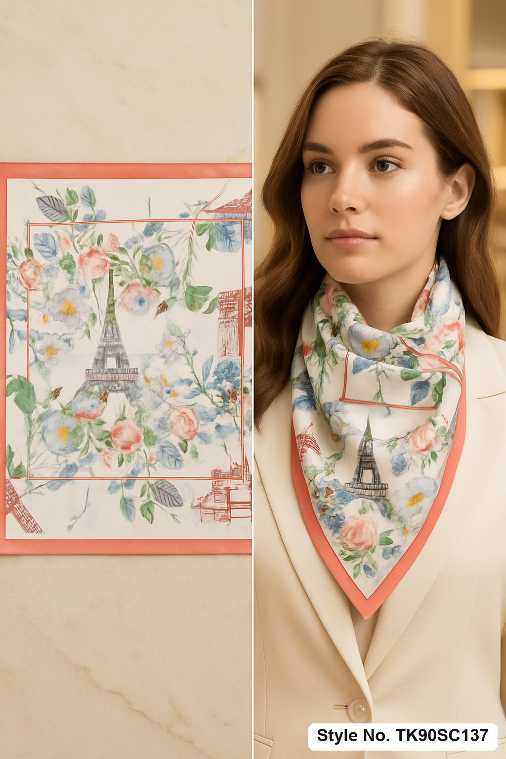 Floral and Landmark-inspired Scarf in Blush Pink, Sage &amp; Ivory – TK90SC137